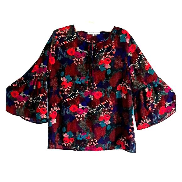 VIOLET + CLAIRE Top Med tulip sleeve Moody floral tie blouse - Picture 2 of 9